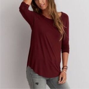 🌸3/$25 American Eagle Raglan Sleeve Ribbed Lightweight Crew Burgundy Tee, Size S